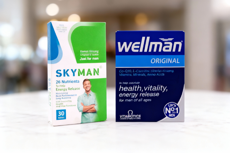 تصویر قرص مولتی ویتامین آقایان روی سطح مرمر سفید برای مقایسه اسکای من و ول من